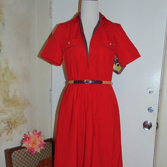 RARE Vintage NOS Sasson Hong Kong Red Cotton A-Line Belted Short Sleeved Dress - Picture 2 of 13